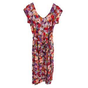 Komil Floral Midi Dress Size Small Multicolor Cotton Button Front Belted